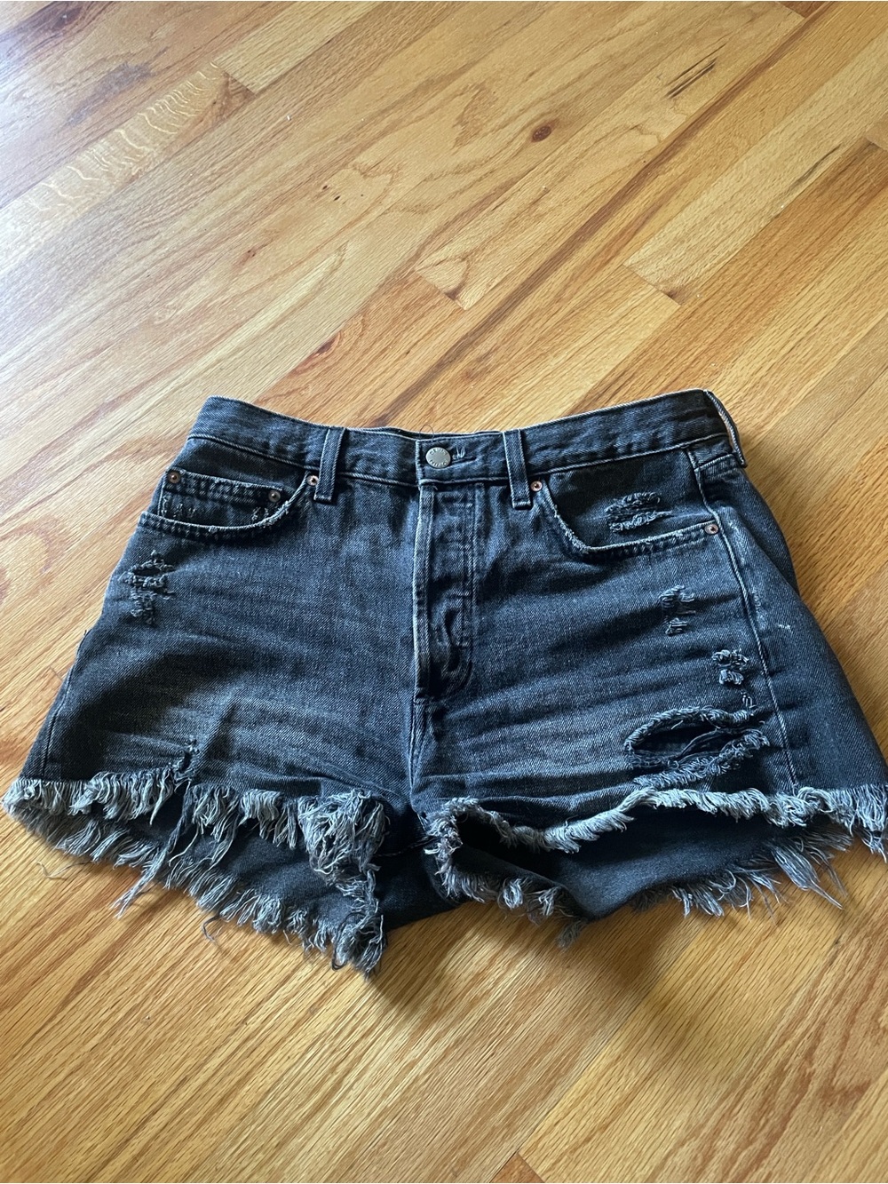 Aritzia Denim Forum Ex Boyfriend Distressed Black Denim Shorts